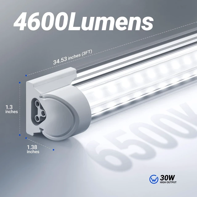 Alt view image 3 of 7 - T8 LED Shop Lights, 3FT 30W 4600LM 6500K, 6 Pack, High Output Tube 3 Foot for Garage Workshop and Workbench Use, Super Bright White, Ceiling Mount, Linkable to 8, Aluminum V Shape Clear Cover