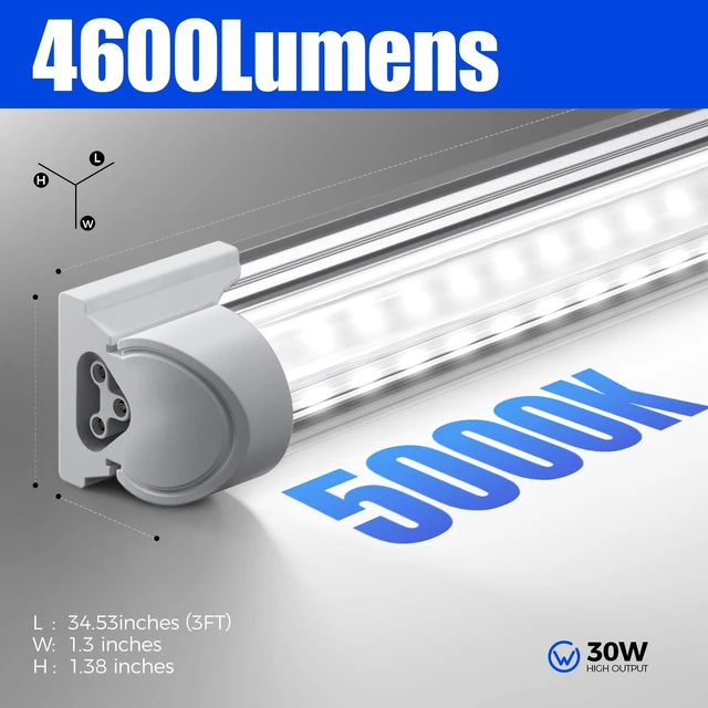 Alt view image 3 of 7 - T8 LED Shop Lights, 3FT 30W 4600LM 5000K, 6 Pack, High Output Tube 3 Foot for Garage Workshop and Workbench Use, Daylight White, Easy Ceiling Mount, Linkable to 8, Aluminum V Shape Clear Cover