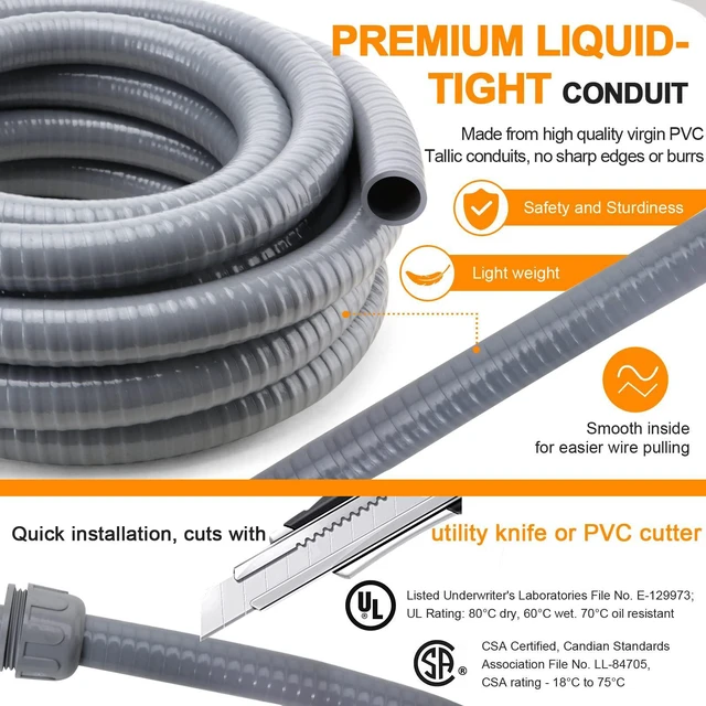 Alt view image 3 of 7 - Liquid-Tight Conduit and Connector Kit,Flexible Non Metallic Liquid Tight Electrical Conduit,1-1/4inch25ft Electrical Conduit Kit,with4 Straight and2 Angle Fittings Included,1-1.4 in. Dia