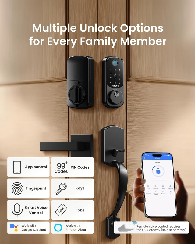Alt view image 2 of 7 - B200 Smart Front Door Lock Handle Set, Fingerprint & App Control Fingerprint, Bluetooth App Control, Remote Access Sharing, Fob Unlock, Auto Lock, User Management, IP54 Waterproof