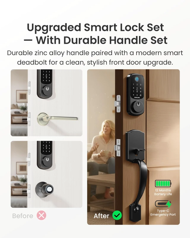 Alt view image 3 of 7 - B200 Smart Front Door Lock Handle Set, Fingerprint & App Control Fingerprint, Bluetooth App Control, Remote Access Sharing, Fob Unlock, Auto Lock, User Management, IP54 Waterproof