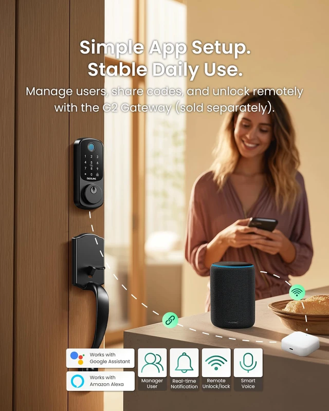 Alt view image 5 of 7 - B200 Smart Front Door Lock Handle Set, Fingerprint & App Control Fingerprint, Bluetooth App Control, Remote Access Sharing, Fob Unlock, Auto Lock, User Management, IP54 Waterproof