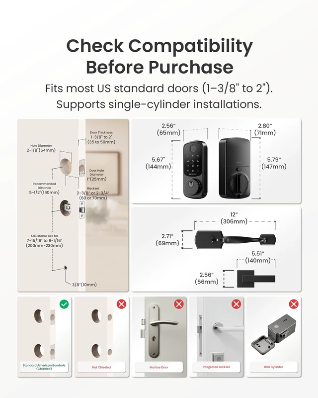 Alt view image 6 of 7 - B200 Smart Front Door Lock Handle Set, Fingerprint & App Control Fingerprint, Bluetooth App Control, Remote Access Sharing, Fob Unlock, Auto Lock, User Management, IP54 Waterproof
