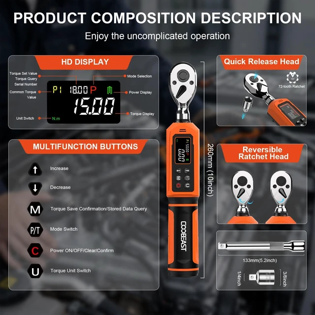 Alt view image 2 of 7 - 3/8 Drive Digital Torque Wrench,Preset Value(0.66-44.29 Ft-lbs./0.9-60Nm) Buzzer and LED Alert,±2% High Accuracy,72-Tooth, Quick Release,Reversible,Large Screen,for Bike Motorcycle,Gift for Men,DIY