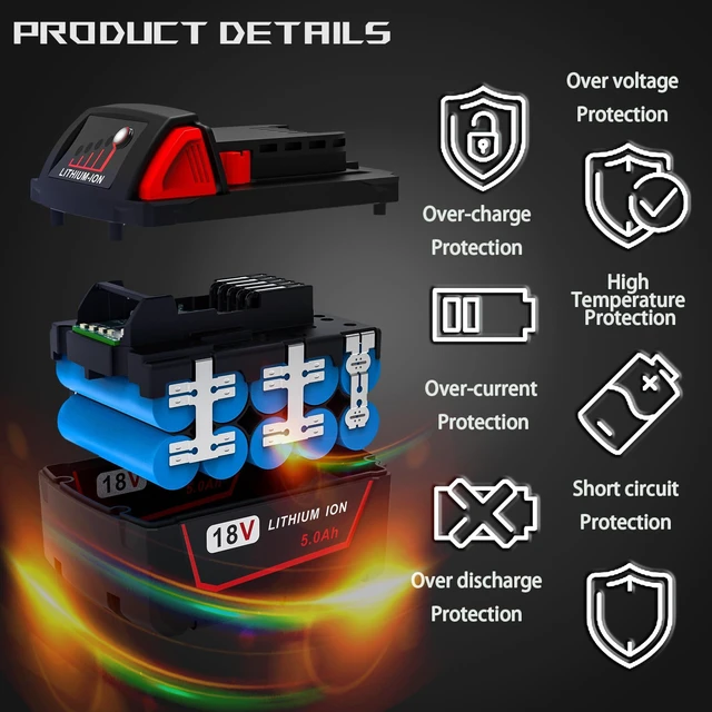 Alt view image 6 of 7 - 2 Pack Replace for Milwaukee M18 Battery 5.0ah and Charger Combo,Compatible with Milwaukee M18 Cordless Power Tools 18V Lithium Battery 48-11-1850 48-11-1840 48-11-1860