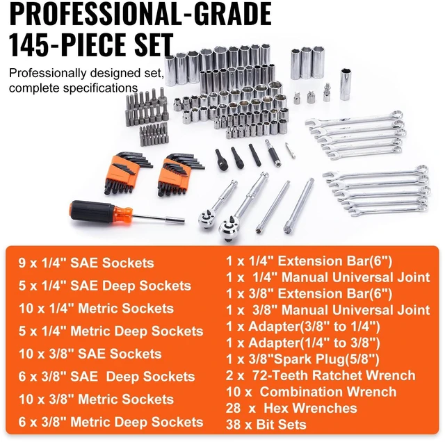 Alt view image 3 of 7 - Mechanics Tool Set and Socket Set, 1/4" and 3/8" Drive Deep and Standard Sockets, 145 Pcs SAE and Metric Mechanic Tool Kit with Bits, Combination Wrench, Hex Wrenches, Accessories, Storage Case