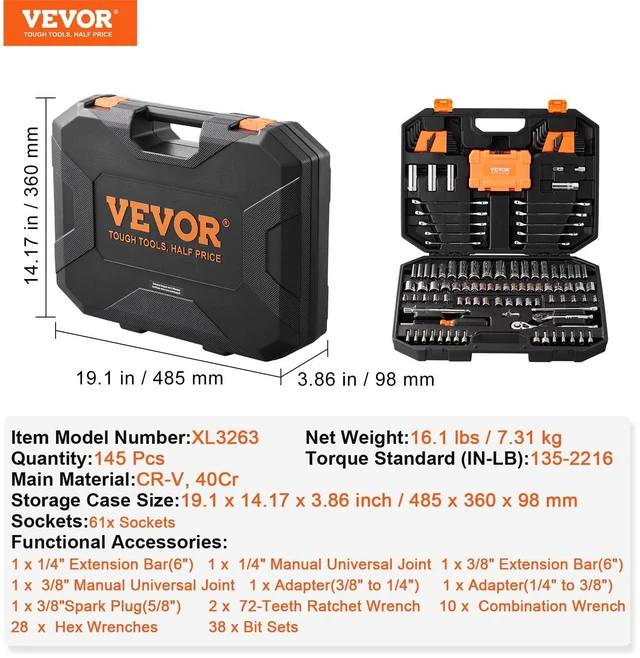 Alt view image 6 of 7 - Mechanics Tool Set and Socket Set, 1/4" and 3/8" Drive Deep and Standard Sockets, 145 Pcs SAE and Metric Mechanic Tool Kit with Bits, Combination Wrench, Hex Wrenches, Accessories, Storage Case