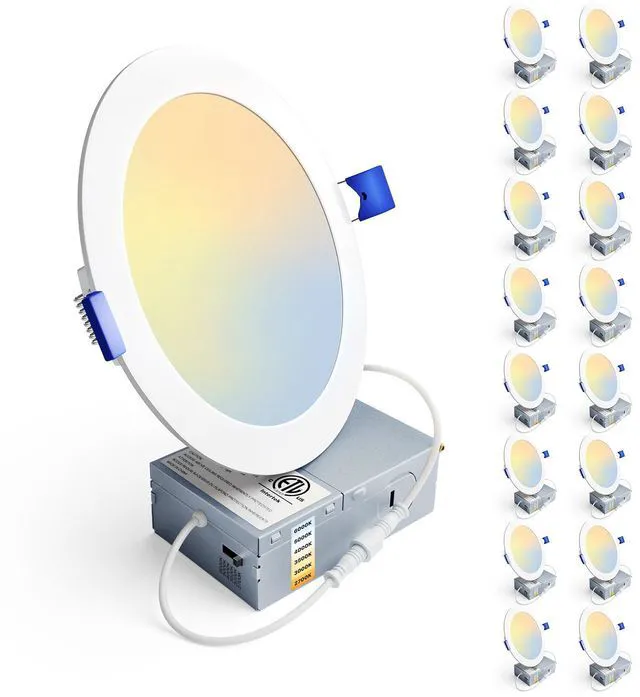 Main image of 16Pack 6 Inch LED Recessed Ceiling Light, 6CCT, 1200LM 12W 1200V 2700K-6000K Selectable, 5%-100% Dimmable, Ultra-Thin Canless Wafer Downlight, Aluminum, Damp Rated, ETL&FCC&IC
