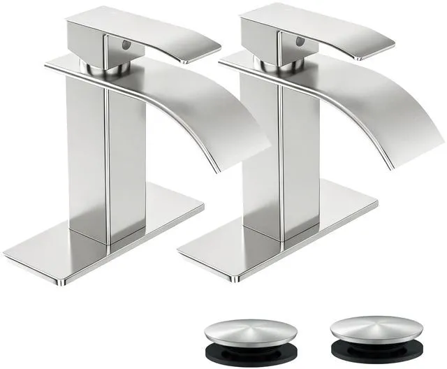 Main image of Waterfall Single Handle Bathroom Sink Faucet Brushed Nickel Vanity Faucet with Pop-up Drain, llaves para lavamanos de baño, Ceramic Valve, for 1 or 3 Hole Modern Bathrooms