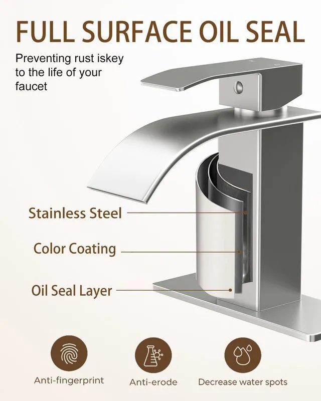 Alt view image 5 of 7 - Waterfall Single Handle Bathroom Sink Faucet Brushed Nickel Vanity Faucet with Pop-up Drain, llaves para lavamanos de baño, Ceramic Valve, for 1 or 3 Hole Modern Bathrooms