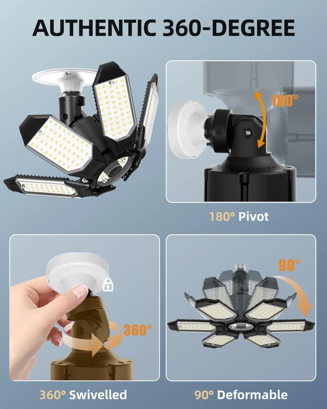 Alt view image 4 of 7 - Rotatable LED Garage Light 4 Pack, 48000LM Brighter LED Shop Lights Basement Lighting Fixture w/ 6 Adjustable Panels, Screw in E26 Socket Light Bulb for Workshop Attic Barn Warehouse Utility