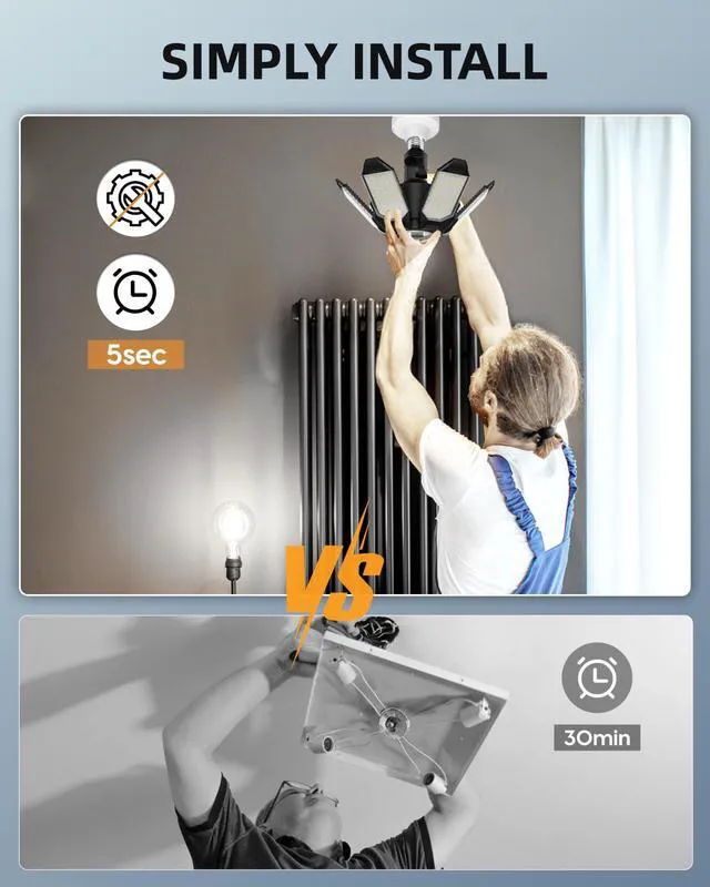 Alt view image 3 of 7 - Rotatable LED Garage Light 4 Pack, 48000LM Brighter LED Shop Lights Basement Lighting Fixture w/ 6 Adjustable Panels, Screw in E26 Socket Light Bulb for Workshop Attic Barn Warehouse Utility