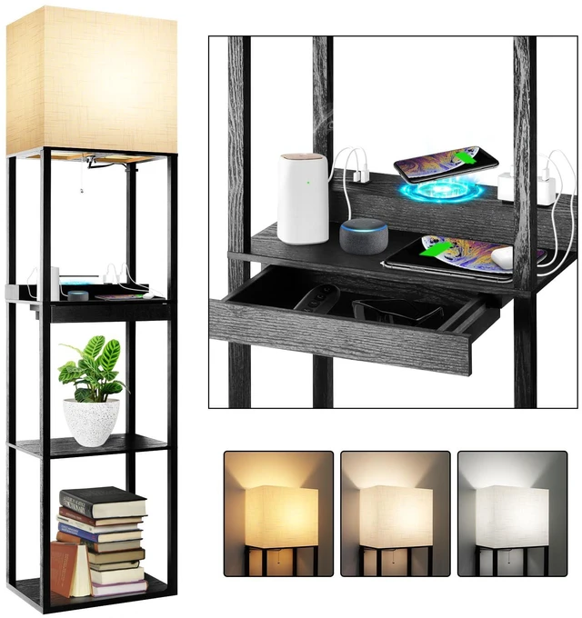 Main image of Plus Charging Station Floor Lamp with Wireless Charger, 2 USB-C Port, 2 Power Outlet, Floor Lamp with Shelves, 15W LED Bulb, 3 Colors, Memory Function, Standing Lamp for Living Room Bedroom