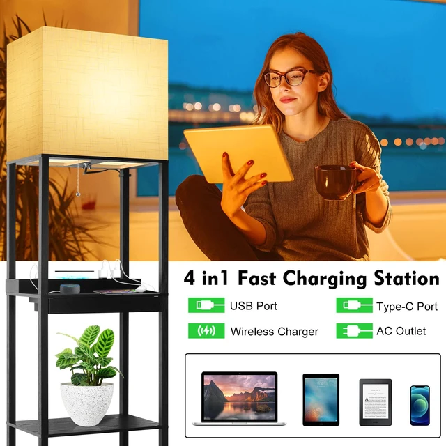 Alt view image 2 of 7 - Plus Charging Station Floor Lamp with Wireless Charger, 2 USB-C Port, 2 Power Outlet, Floor Lamp with Shelves, 15W LED Bulb, 3 Colors, Memory Function, Standing Lamp for Living Room Bedroom