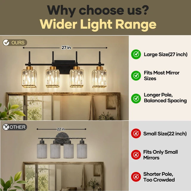 Alt view image 2 of 7 - Modern Crystal Bathroom Vanity Light 4-Lights Gold Bathroom Light Fixtures Over Mirror Black and Gold Vanity Lighting Fixtures Gold Square Shade Brass Wall Sconce (Bulbs Not Include)