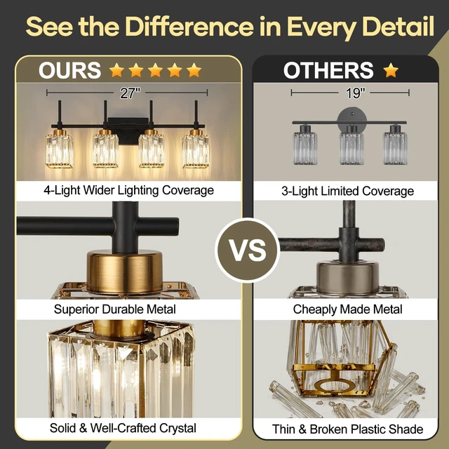 Alt view image 3 of 7 - Modern Crystal Bathroom Vanity Light 4-Lights Gold Bathroom Light Fixtures Over Mirror Black and Gold Vanity Lighting Fixtures Gold Square Shade Brass Wall Sconce (Bulbs Not Include)