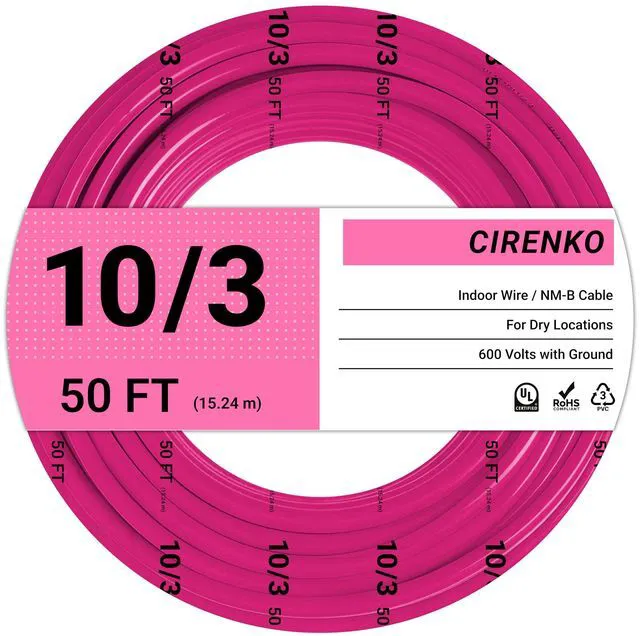Main image of 10/3 NM-B Cable 50 FT, UL Listed 10 Gauge Indoor Wire with Ground Solid Bare Copper, No CCA, 3 Conductors Plus Ground, Durable Pink NM-B Jacket, Easy to Strip, for Dry Locations, 30 Amp, 600V