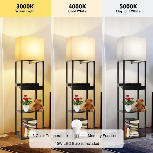 Alt view image 4 of 7 - Plus Charging Station Floor Lamp with Wireless Charger, 2 USB-C Port, 2 Power Outlet, Floor Lamp with Shelves, 15W LED Bulb, 3 Colors, Memory Function, Standing Lamp for Living Room Bedroom