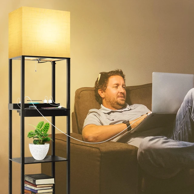 Alt view image 6 of 7 - Plus Charging Station Floor Lamp with Wireless Charger, 2 USB-C Port, 2 Power Outlet, Floor Lamp with Shelves, 15W LED Bulb, 3 Colors, Memory Function, Standing Lamp for Living Room Bedroom