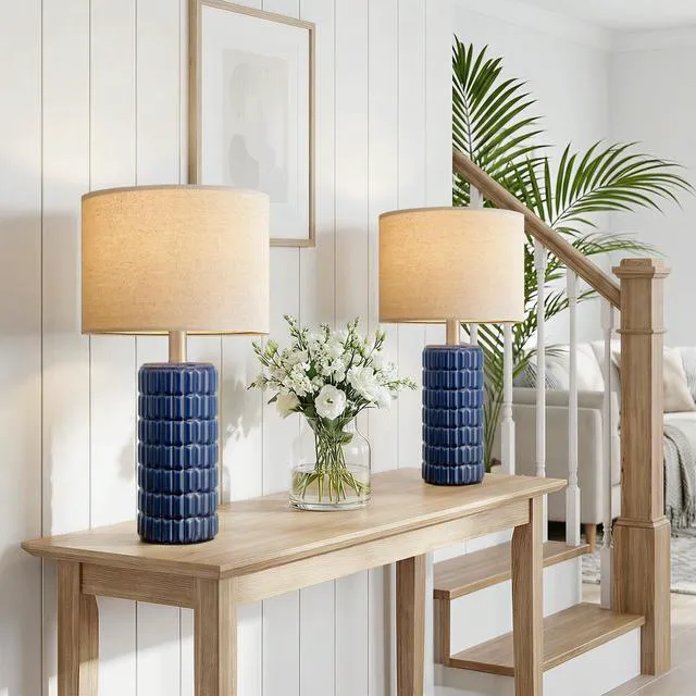Alt view image 3 of 7 - 23" Modern Ceramic Table Lamps Set of 2, Lamps for Bedroom, Blue Lamps for Living Room, Bedroom, Bedside, Night Stands, End Table, Desk, Farmhouse Home Decor
