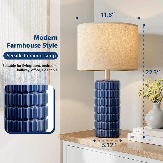 Alt view image 7 of 7 - 23" Modern Ceramic Table Lamps Set of 2, Lamps for Bedroom, Blue Lamps for Living Room, Bedroom, Bedside, Night Stands, End Table, Desk, Farmhouse Home Decor