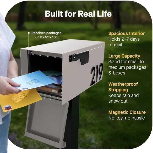 Alt view image 4 of 7 - Post Mount Outdoor Mailboxes - Large Decorative Mailbox for Letters and Packages - Weatherproof Construction - Durable Steel - Magnetic Closure - 9.5 H x 9.5 W x 20.75 D - Sandstone