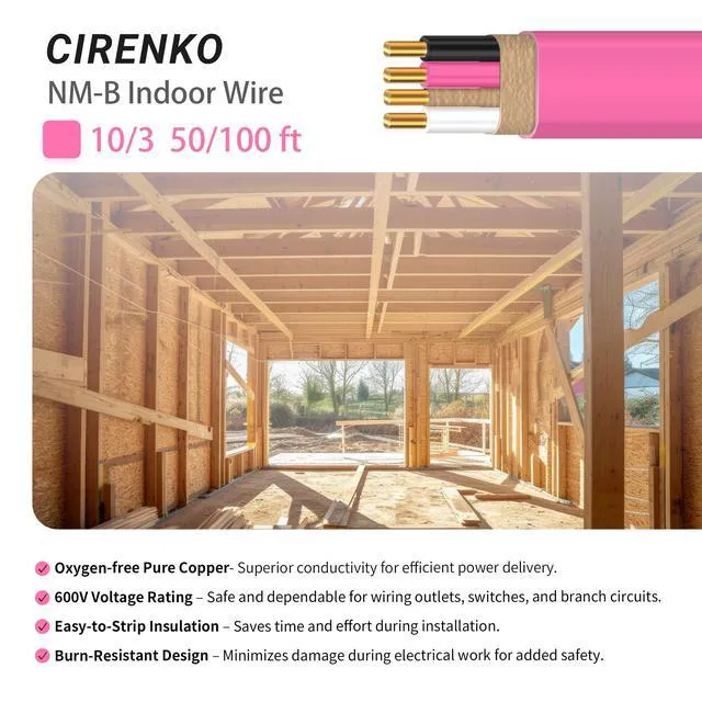 Alt view image 2 of 7 - 10/3 NM-B Cable 50 FT, UL Listed 10 Gauge Indoor Wire with Ground Solid Bare Copper, No CCA, 3 Conductors Plus Ground, Durable Pink NM-B Jacket, Easy to Strip, for Dry Locations, 30 Amp, 600V