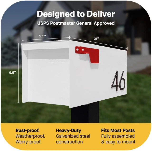 Alt view image 3 of 7 - Post Mount Outdoor Mailboxes - Large Decorative Mailbox for Letters and Packages - Weatherproof Construction - Durable Steel - Magnetic Closure - 9.5 H x 9.5 W x 20.75 D - White