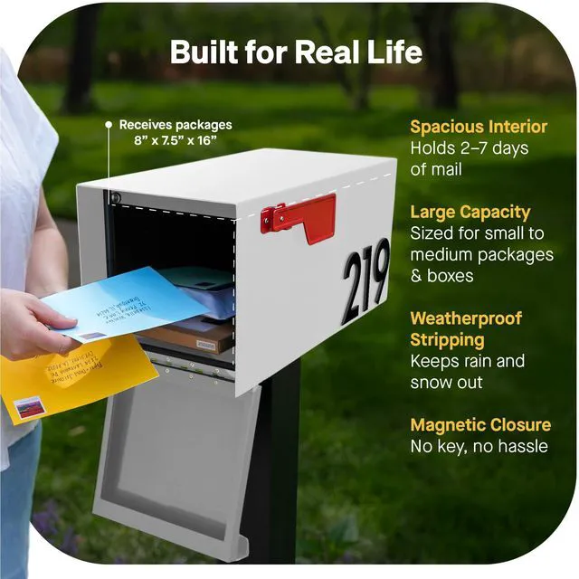 Alt view image 4 of 7 - Post Mount Outdoor Mailboxes - Large Decorative Mailbox for Letters and Packages - Weatherproof Construction - Durable Steel - Magnetic Closure - 9.5 H x 9.5 W x 20.75 D - White