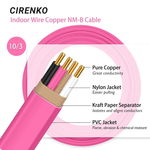 Alt view image 4 of 7 - 10/3 NM-B Cable 50 FT, UL Listed 10 Gauge Indoor Wire with Ground Solid Bare Copper, No CCA, 3 Conductors Plus Ground, Durable Pink NM-B Jacket, Easy to Strip, for Dry Locations, 30 Amp, 600V