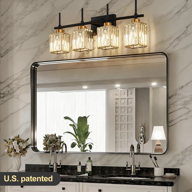 Alt view image 4 of 7 - Modern Crystal Bathroom Vanity Light 4-Lights Gold Bathroom Light Fixtures Over Mirror Black and Gold Vanity Lighting Fixtures Gold Square Shade Brass Wall Sconce (Bulbs Not Include)