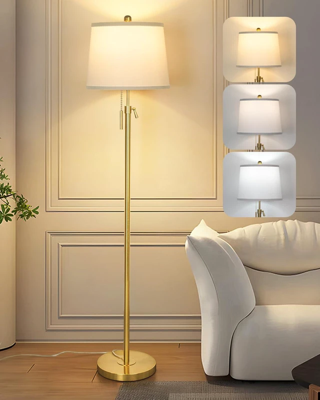 Main image of Gold Floor Lamp for Living Room, Tall Standing Lamp 55-65" Adjustable Modern Brass Floor Lamps for Bedroom Reading Office Kids 3 Color Lights Corner Night Stand (9W LED Bulb, White Shade)