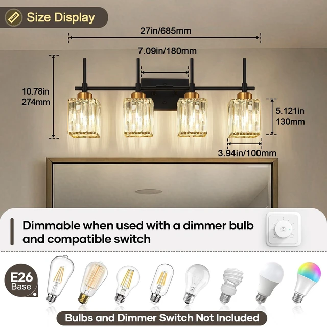 Alt view image 7 of 7 - Modern Crystal Bathroom Vanity Light 4-Lights Gold Bathroom Light Fixtures Over Mirror Black and Gold Vanity Lighting Fixtures Gold Square Shade Brass Wall Sconce (Bulbs Not Include)
