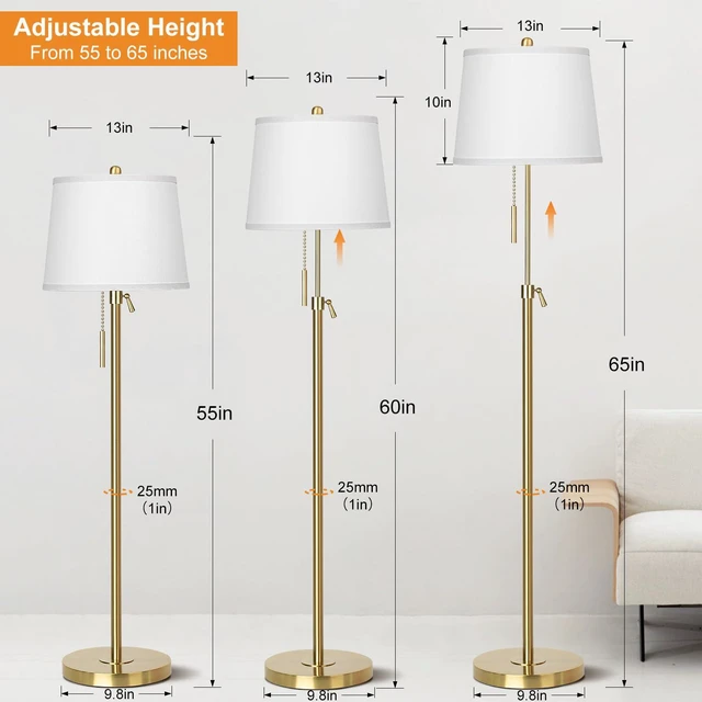 Alt view image 3 of 7 - Gold Floor Lamp for Living Room, Tall Standing Lamp 55-65" Adjustable Modern Brass Floor Lamps for Bedroom Reading Office Kids 3 Color Lights Corner Night Stand (9W LED Bulb, White Shade)