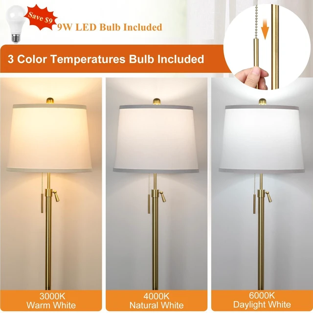 Alt view image 2 of 7 - Gold Floor Lamp for Living Room, Tall Standing Lamp 55-65" Adjustable Modern Brass Floor Lamps for Bedroom Reading Office Kids 3 Color Lights Corner Night Stand (9W LED Bulb, White Shade)