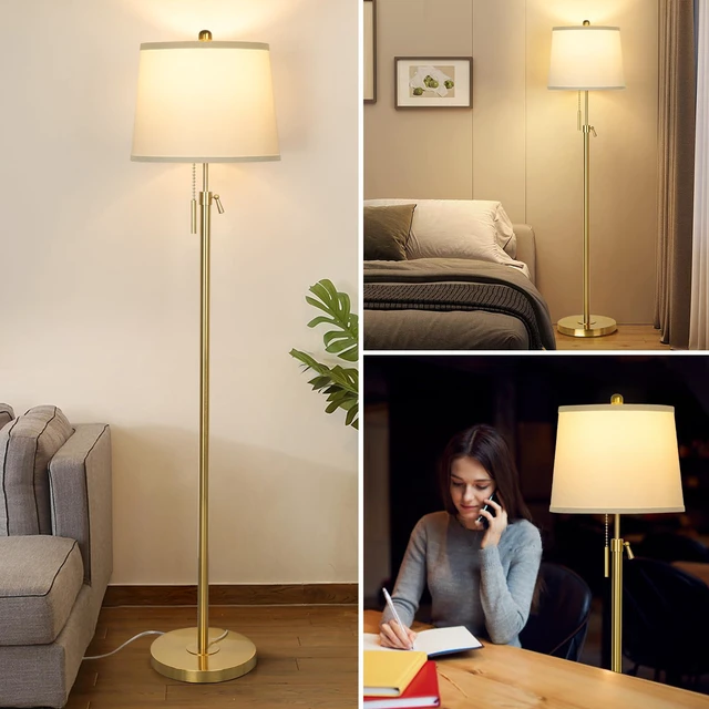 Alt view image 7 of 7 - Gold Floor Lamp for Living Room, Tall Standing Lamp 55-65" Adjustable Modern Brass Floor Lamps for Bedroom Reading Office Kids 3 Color Lights Corner Night Stand (9W LED Bulb, White Shade)