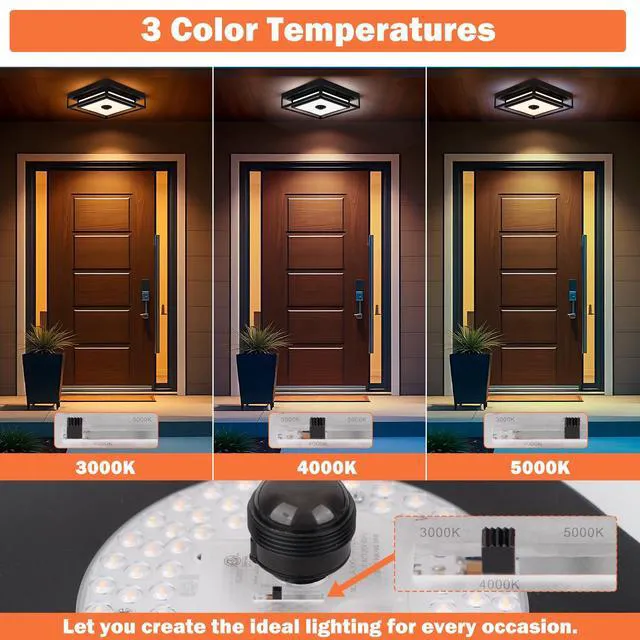 Alt view image 2 of 7 - LED Motion Sensor Outdoor Ceiling Light Square Flush Mount Lighting 2 Pack 10.5", Modern Outdoor Ceiling Lights for Porch, Adjustable Color, Exterior Waterproof Ceiling Light Dusk till Dawn