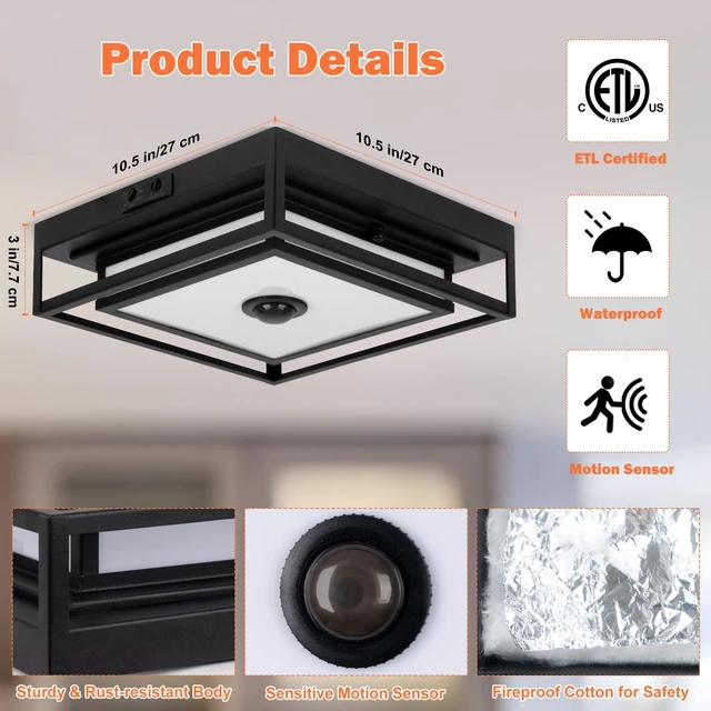Alt view image 3 of 7 - LED Motion Sensor Outdoor Ceiling Light Square Flush Mount Lighting 2 Pack 10.5", Modern Outdoor Ceiling Lights for Porch, Adjustable Color, Exterior Waterproof Ceiling Light Dusk till Dawn