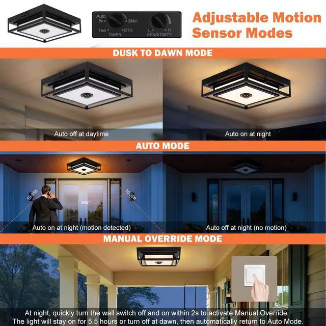 Alt view image 4 of 7 - LED Motion Sensor Outdoor Ceiling Light Square Flush Mount Lighting 2 Pack 10.5", Modern Outdoor Ceiling Lights for Porch, Adjustable Color, Exterior Waterproof Ceiling Light Dusk till Dawn