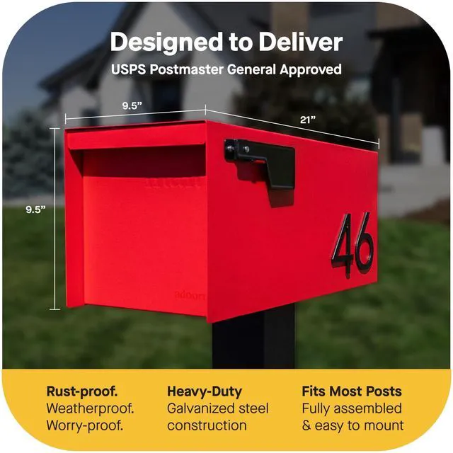 Alt view image 3 of 7 - Post Mount Outdoor Mailboxes - Large Decorative Mailbox for Letters and Packages - Weatherproof Construction - Durable Steel - Magnetic Closure - 9.5 H x 9.5 W x 20.75 D - Red