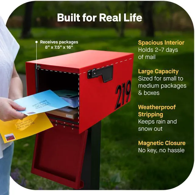 Alt view image 4 of 7 - Post Mount Outdoor Mailboxes - Large Decorative Mailbox for Letters and Packages - Weatherproof Construction - Durable Steel - Magnetic Closure - 9.5 H x 9.5 W x 20.75 D - Red