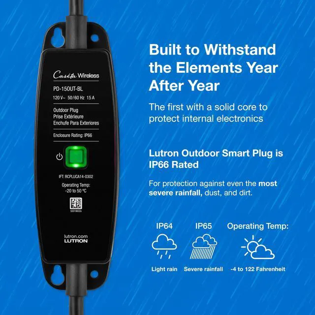 Alt view image 7 of 7 - Caseta Smart Outdoor Plug for Lights and Motors (Smart Hub Required) Smart Outdoor Plug for Patio, Backyard, Outdoor Lights, Waterproof, Built to last, All year round timer, PD-15OUT-BL, Black