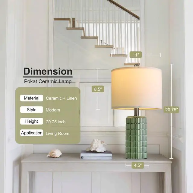 Alt view image 2 of 7 - 20.75" Small Modern Ceramic Table Lamps Set of 2 for Bedroom, Green Bedside Lamps for Night Stands, Farmhouse House Decor Nightstand Table Lamps for Living Room End Table Green