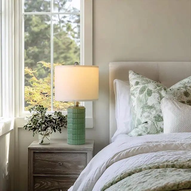 Alt view image 4 of 7 - 20.75" Small Modern Ceramic Table Lamps Set of 2 for Bedroom, Green Bedside Lamps for Night Stands, Farmhouse House Decor Nightstand Table Lamps for Living Room End Table Green