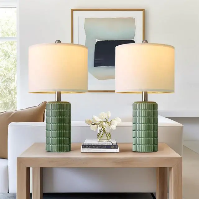 Alt view image 3 of 7 - 20.75" Small Modern Ceramic Table Lamps Set of 2 for Bedroom, Green Bedside Lamps for Night Stands, Farmhouse House Decor Nightstand Table Lamps for Living Room End Table Green