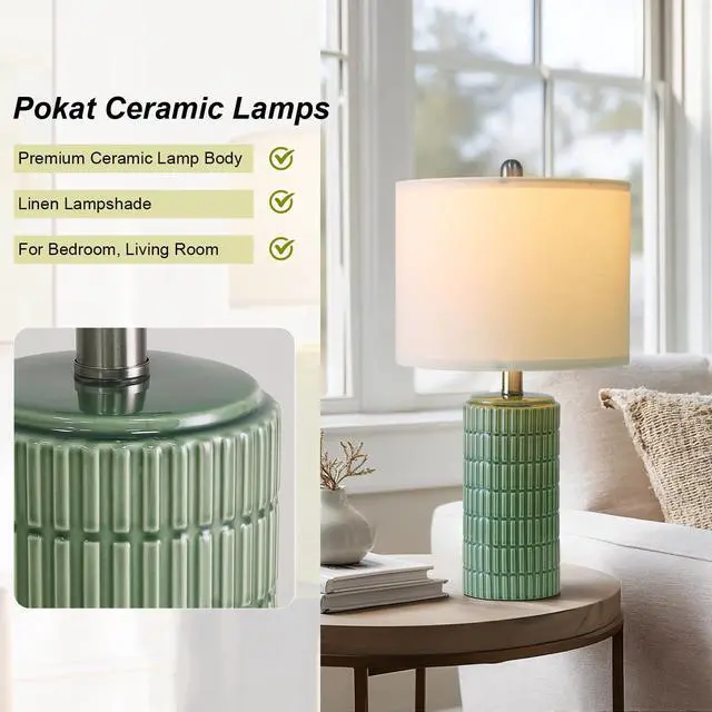 Alt view image 7 of 7 - 20.75" Small Modern Ceramic Table Lamps Set of 2 for Bedroom, Green Bedside Lamps for Night Stands, Farmhouse House Decor Nightstand Table Lamps for Living Room End Table Green