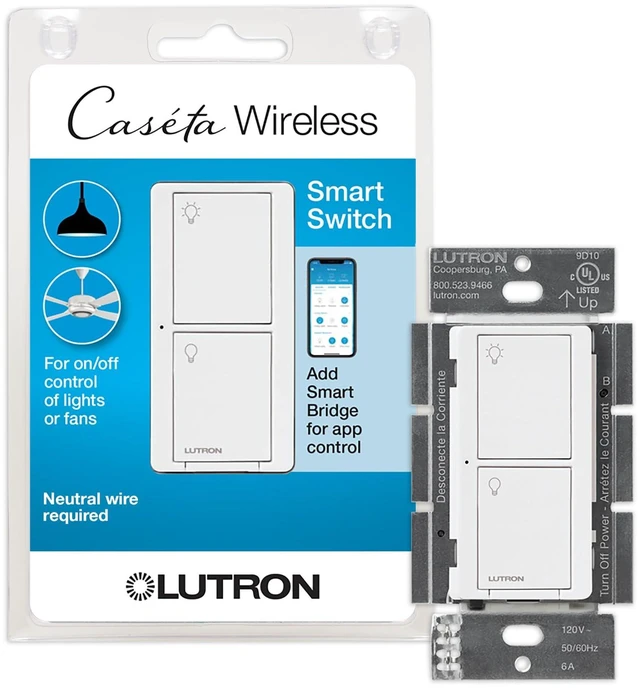 Main image of Caseta Smart Light Switch for Lighting and Fans (Smart Hub Required) For Caseta systems, smart switch for any bulbs, 6 amp, single-pole/3-way, neutral required, PD-6ANS-WH, White