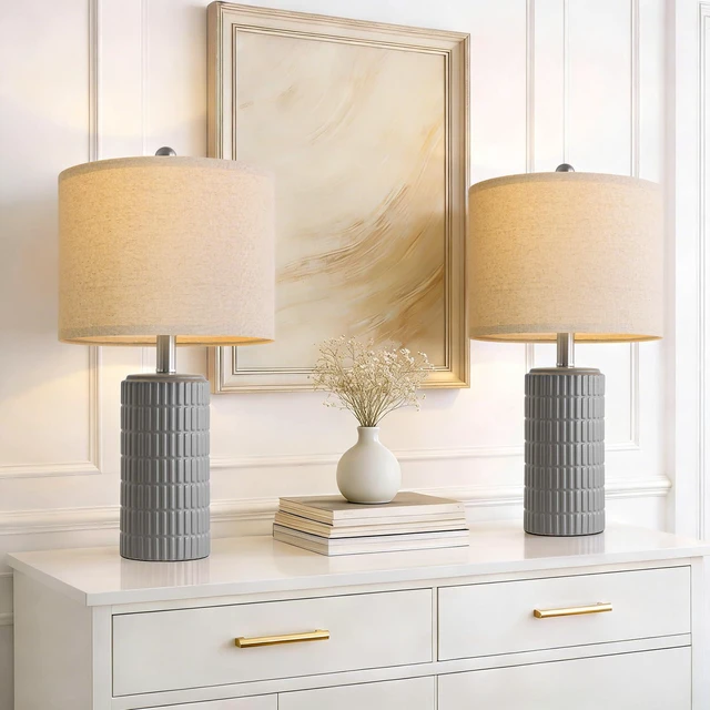 Main image of 20.75'' Ceramic Small Table Lamps for Bedroom, Modern Dark Gray Bedside Lamps Set of 2, Farmhouse Lamps for Living Room with Linen Lampshade for Night Stands Guest Room Side End Table Console
