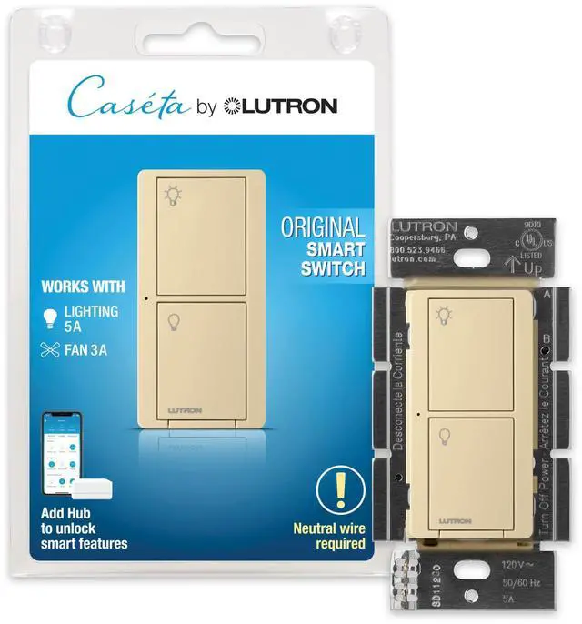Main image of Caseta Smart Light Switch for Lighting and Fans (Smart Hub Required) For Caseta systems, smart switch for any bulbs, 6 amp, single-pole/3-way, neutral required, PD-6ANS-IV, Ivory