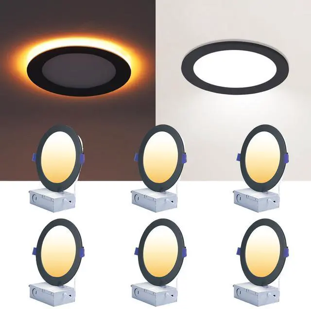 Main image of Black 6 Inch Recessed Light with Night Light, 6 Pack, Sync & Reset Dimmable & 5 Color Selectable, Canless, Ultra Thin, Wafer Downlight, Indoor Outdoor Exterior Soffit, 12W, ETL Listed